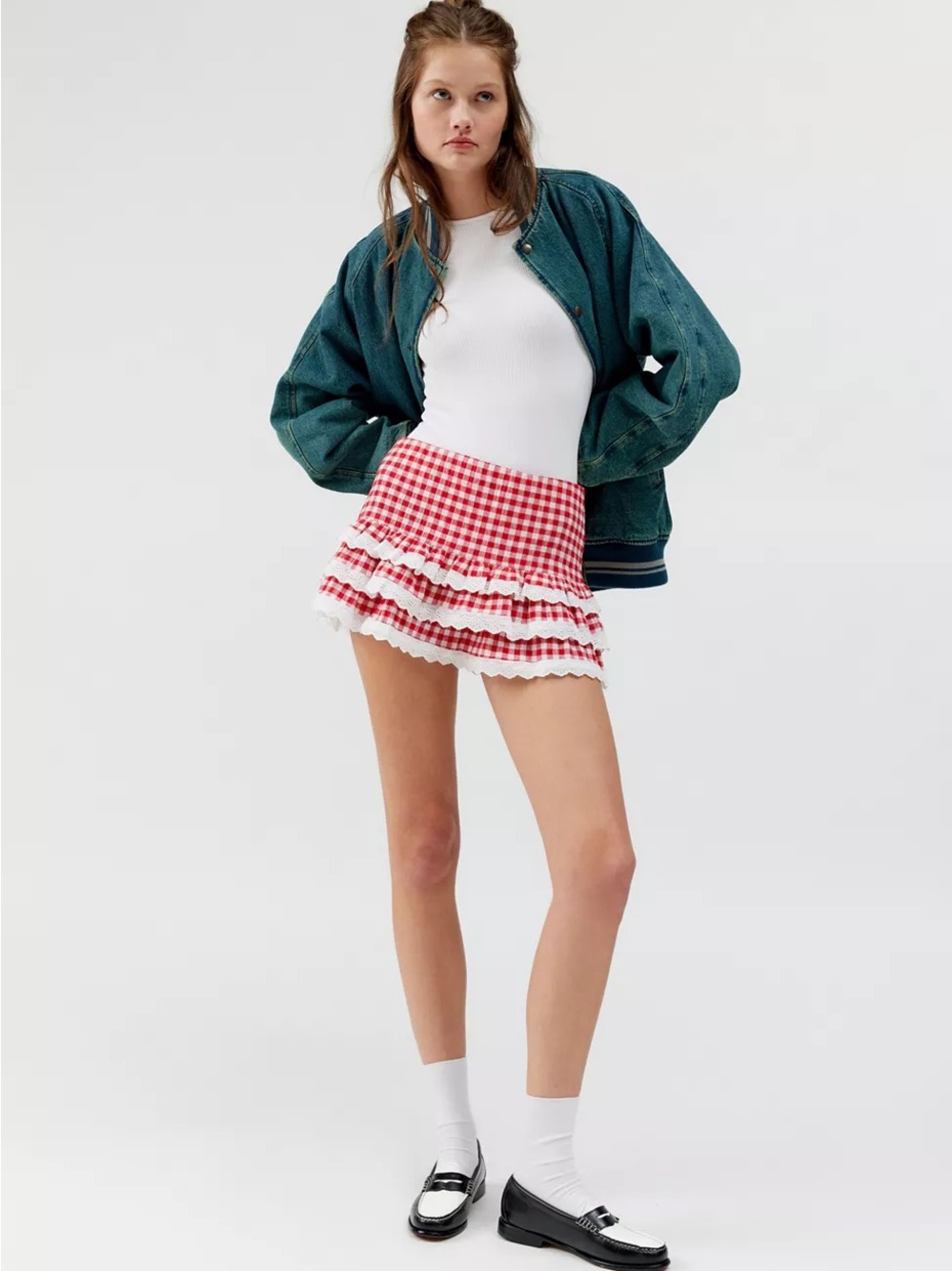 Urban Outfitters Renewal Remnants Gingham Ruffle Lace Trim Mini Skirt*Never Worn